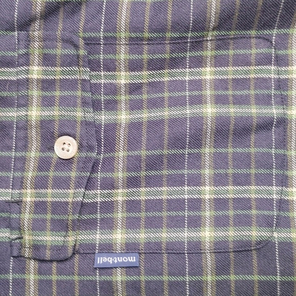 Montbell Plaid Button Up Shirt Cropped Women's Green Blue Tartan Plaid Wool - Picture 2 of 10